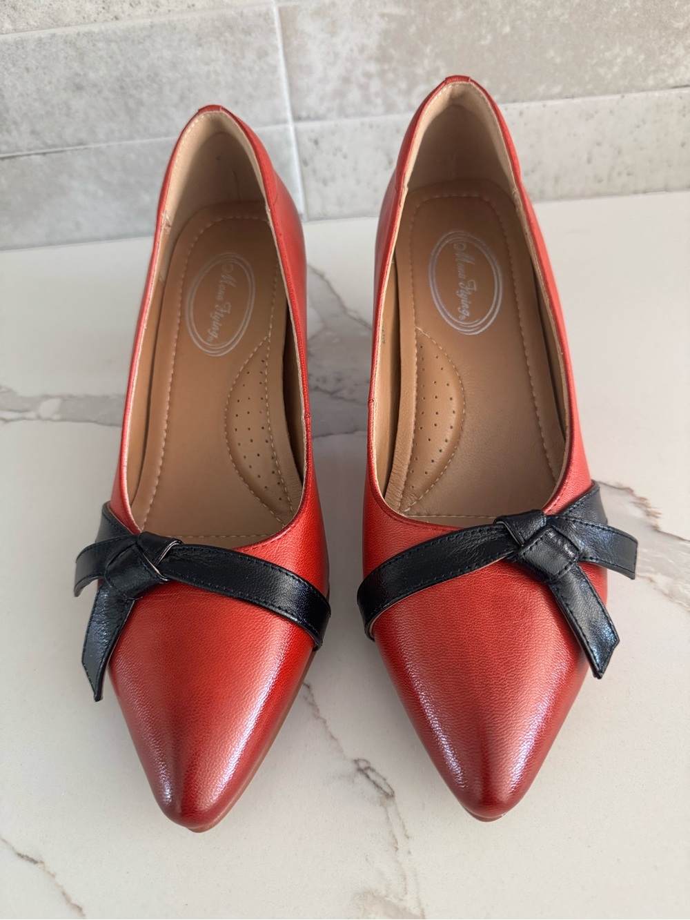 MONA FLYING Red Leather Kitten Heels with Black Bow